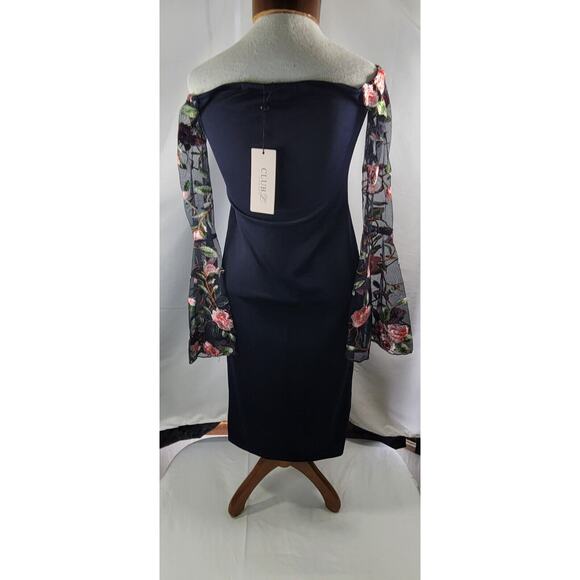 Club L London Size 14 Navy Embroidered Floral Sheer Bell Sleeve Cocktail Dress - Picture 5 of 8
